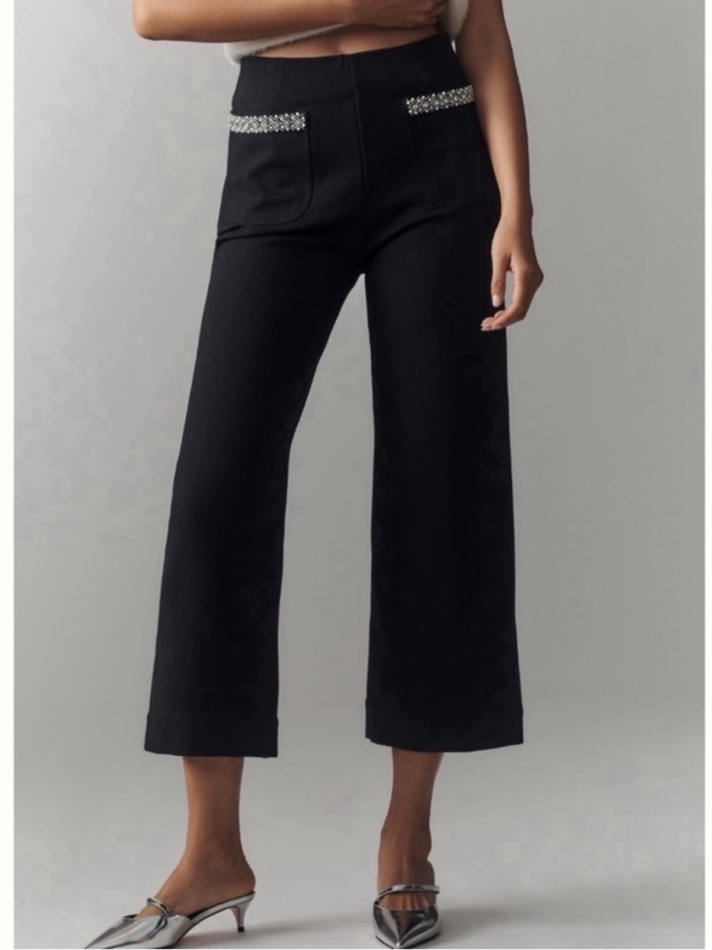 New Anthro Maeve The Colette Cropped Wide-Leg Pants Rhinestone Pocket Edition 27